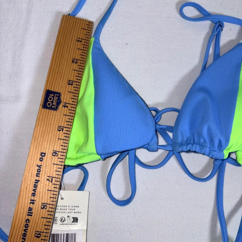 Maaji string tie up Bikini Set Medium Blue Neon Green NEW Ribbed Colorblock